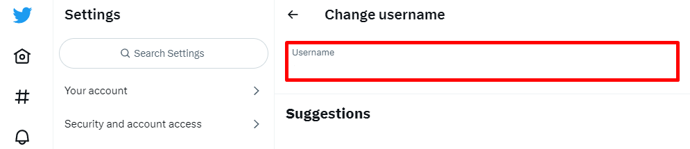 Twitter's Change username subsection with the Username box highlighted