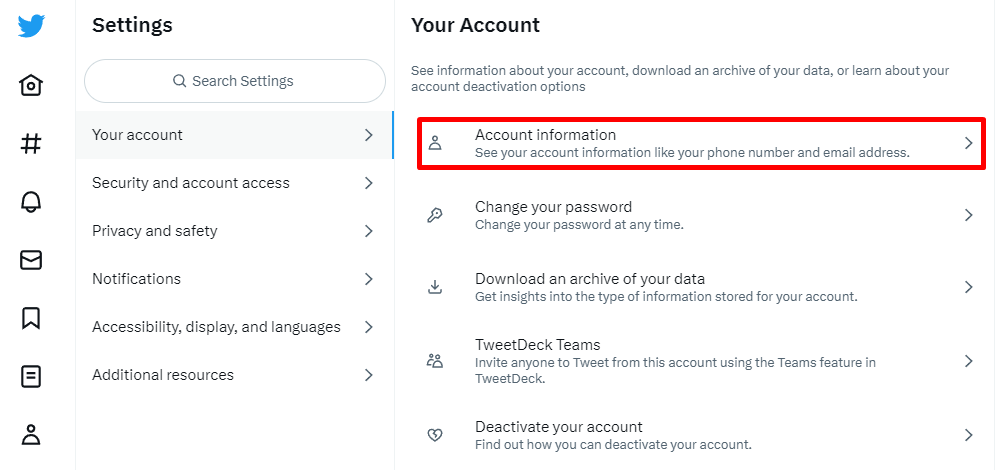 Twitter's Your Account section under Settings with Account information highlighted