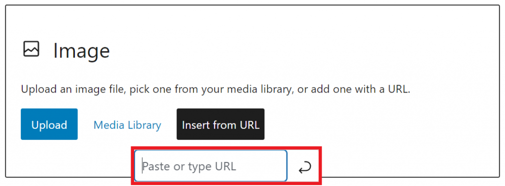 WordPress Image block highlighting the URL text field