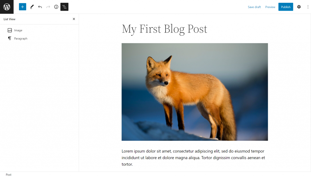 WordPress block editor showing the post content