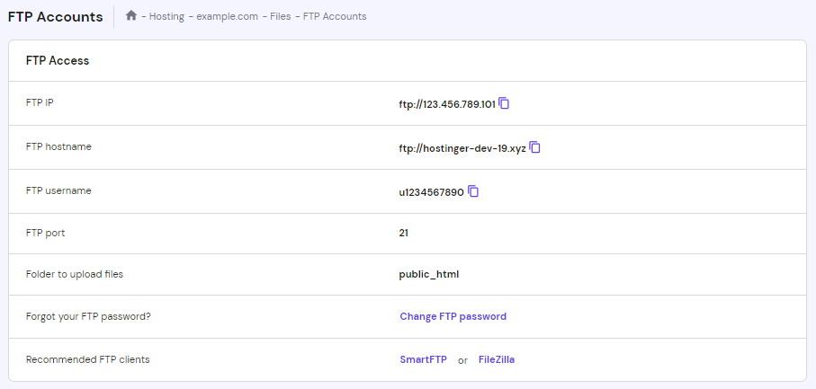 hPanel FTP accounts view
