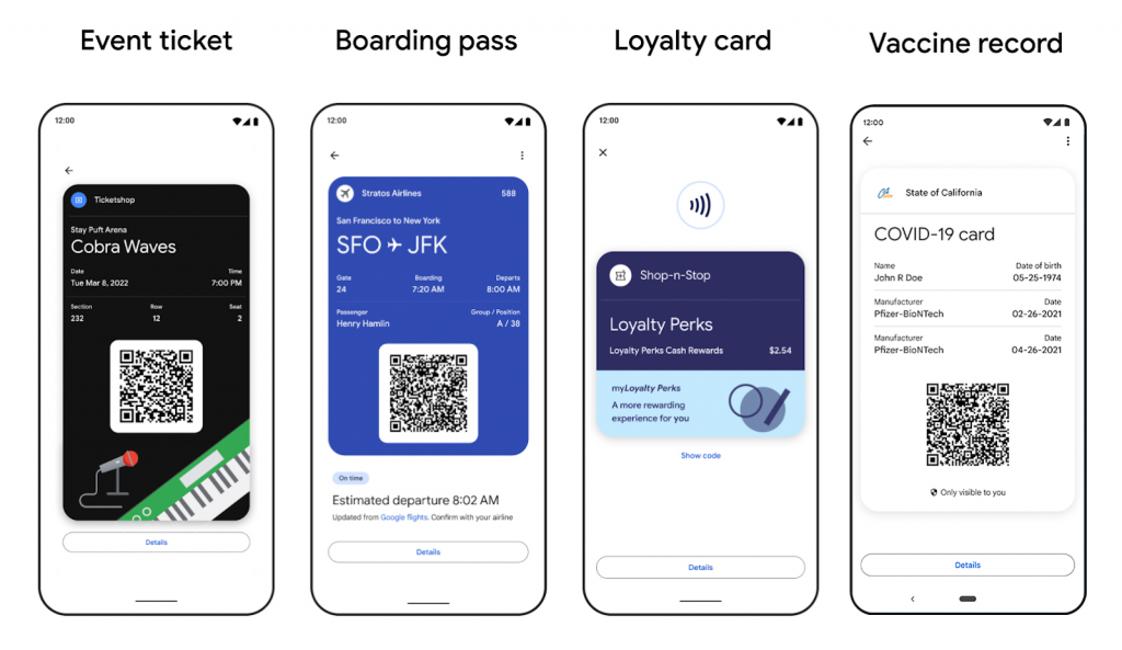 Kinds of digital cards that can be stored in Google Pay, such as an event ticket and a loyalty card