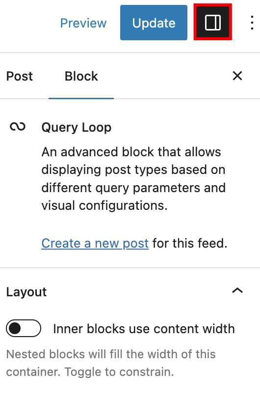 The block settings view for the Query Loop block. Settings button is highlighted