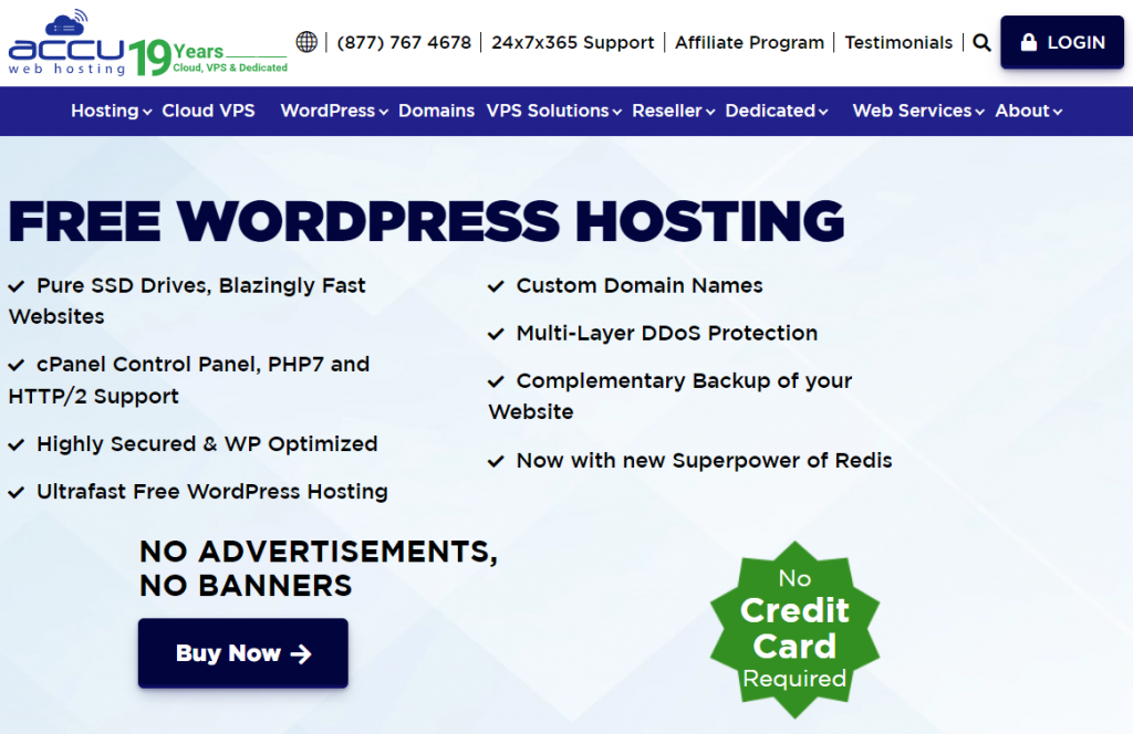 AccuWeb Hosting's free WordPress hosting landing page