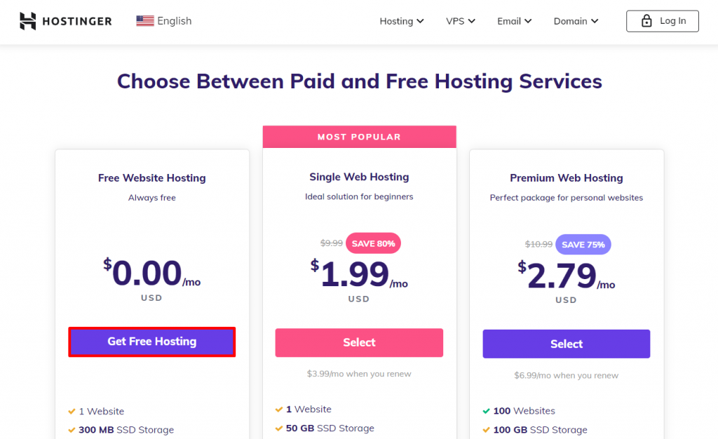 Hostinger's web hosting pricing page with the Get Free Hosting button highlighted