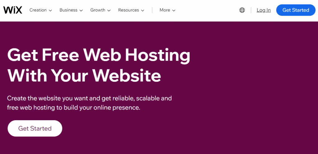 Wix's free web hosting landing page