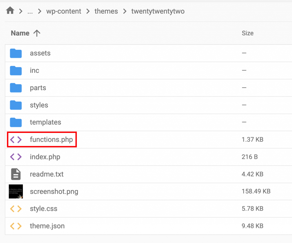 The functions.php location in the twentytwentytwo theme directory on the File Manager