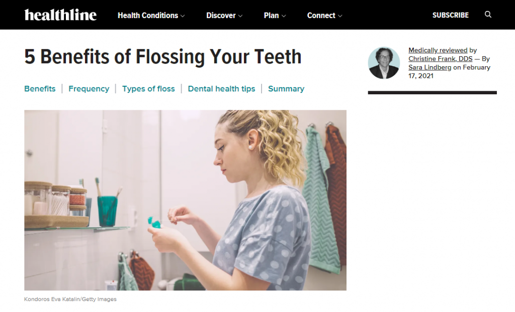 The 5 Benefits of Flossing Your Teeth article on the Healthline website