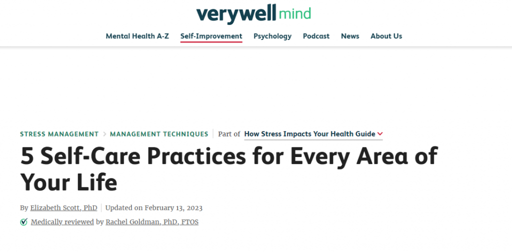 The 5 Self-Care Practices for Every Area of Your Life article on the Verywell Mind website