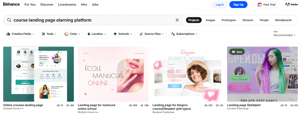 Behance’s web design discovery page showing the online course landing page search results