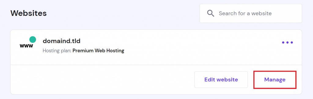 The website management button in hPanel