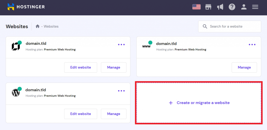 The create or migrate a website option in hPanel