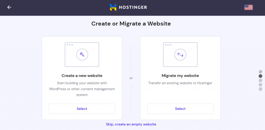 The create or migrate a website selection menu in hPanel's website creation screen