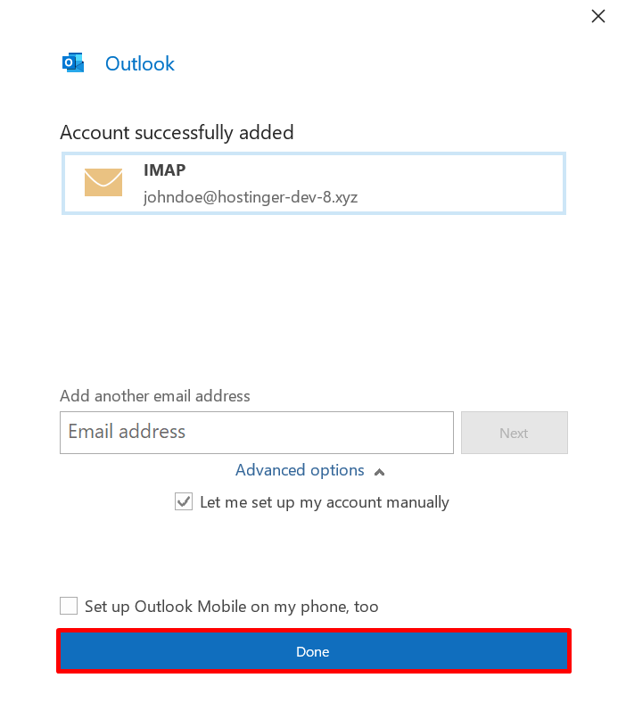 Outlook 2019 setup window with the Done button highlighted