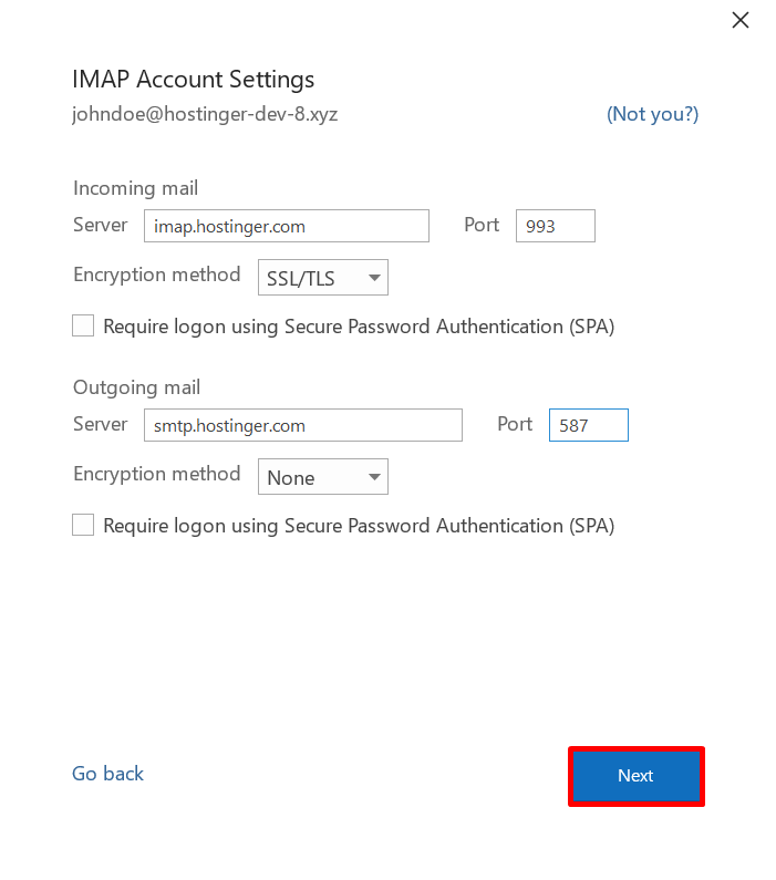 The Outlook 2019 IMAP Account Settings highlighting the Next button