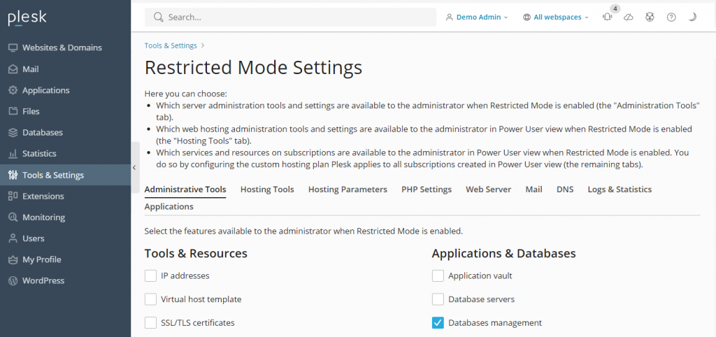 Plesk's Restricted Mode Settings configuration menu