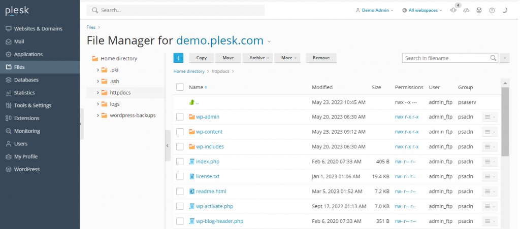 Plesk's built-in file management tool user interface