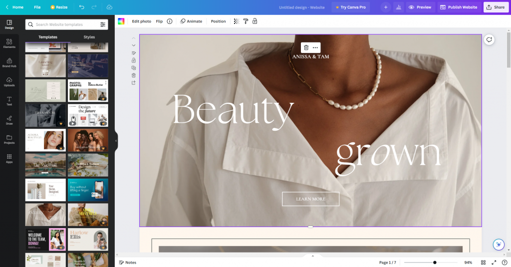 Canva site editor's interface