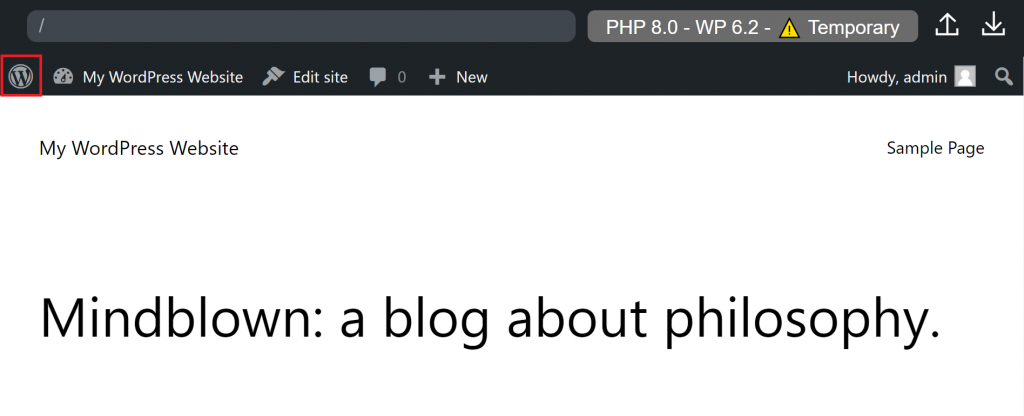 The WordPress icon on the top left of the WordPress Playground toolbar