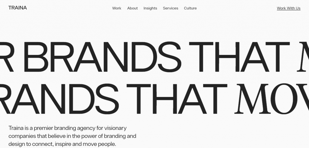 The homepage of Traina creative agency
