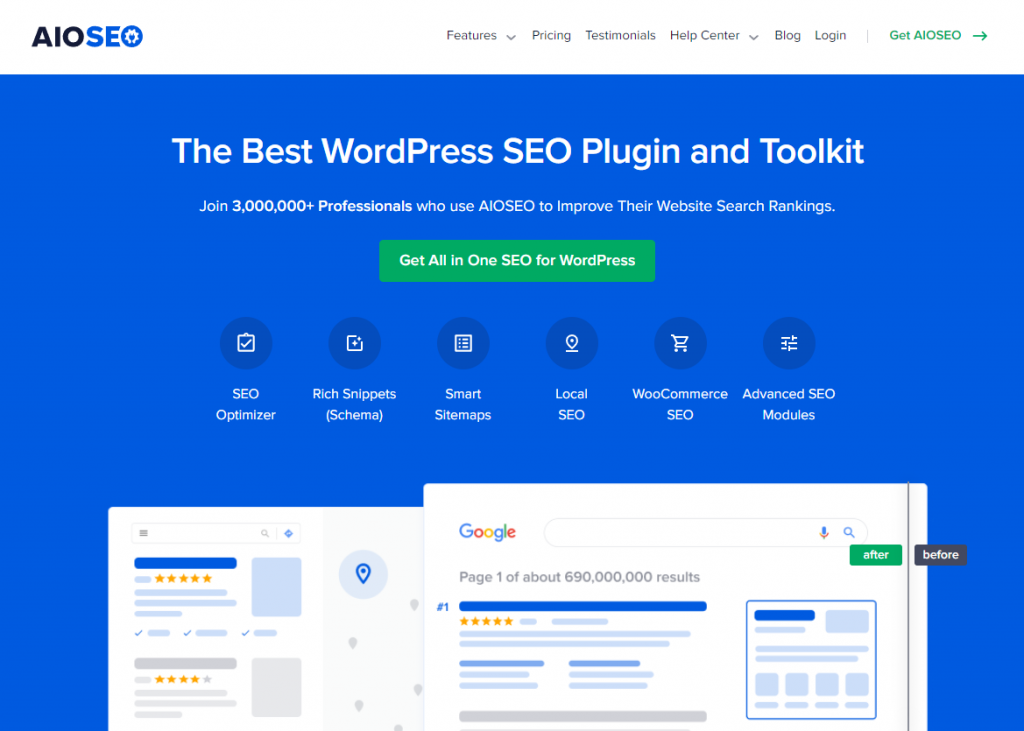 Homepage of All In One SEO (AIOSEO), a widely-used WordPress SEO plugin