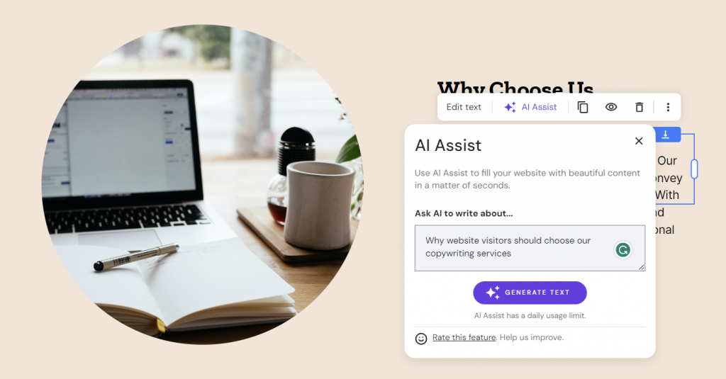 The AI Writer tool on Hostinger Website Builder.
