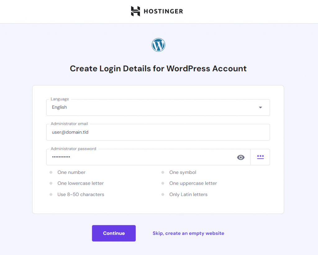 The WordPress account setup page in Hostinger's WordPress onboarding