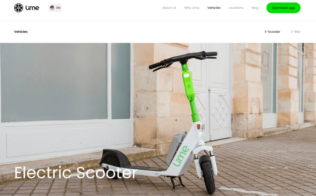 The homepage of Lime, a scooter sharing service