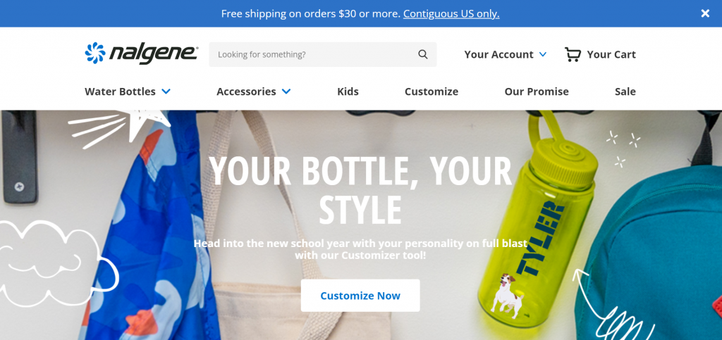 Homepage of Nalgene, a water bottle brand that uses WordPress and WooCommerce for its online store