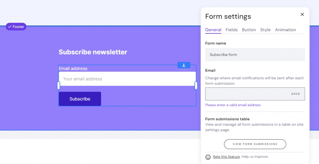 The customization options for a subscription form element in Hostinger Website Builder.