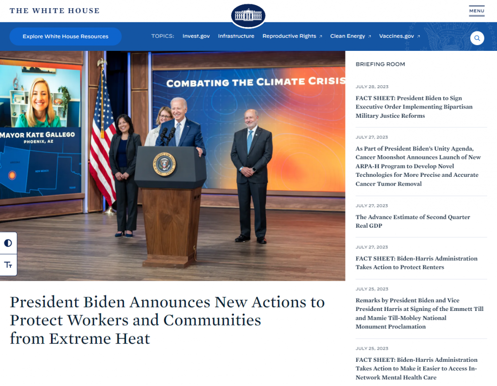 Homepage of The White House's WordPress website