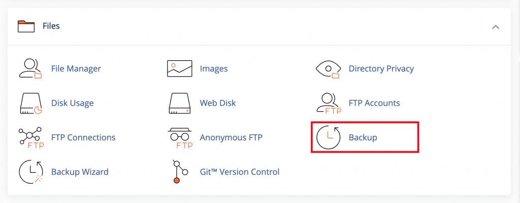 The Backup option inside Bluehost control panel