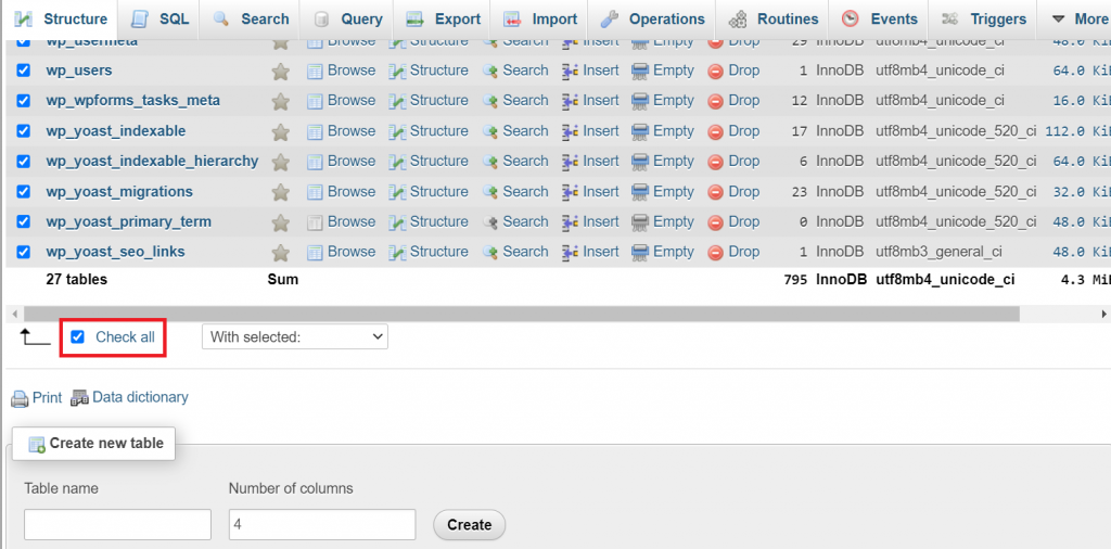 All database tables checked on phpMyAdmin.