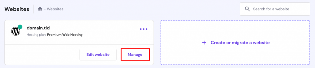 The manage button highlighted on hPanel’s Websites tab.