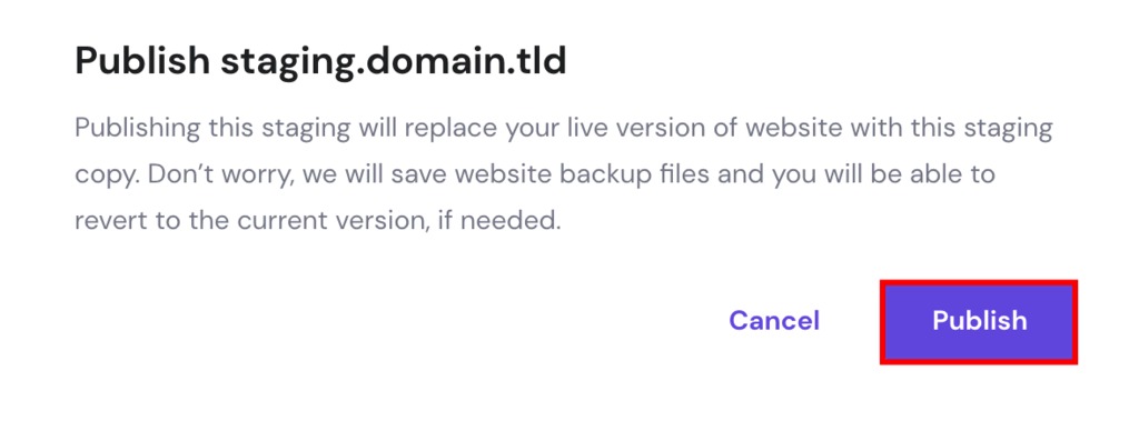 The pop-up message confirming to publish the staging website of domain.tld.