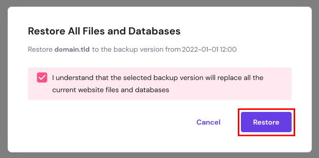 The restore button highlighted on the hPanel's file and databases pop-up warning.