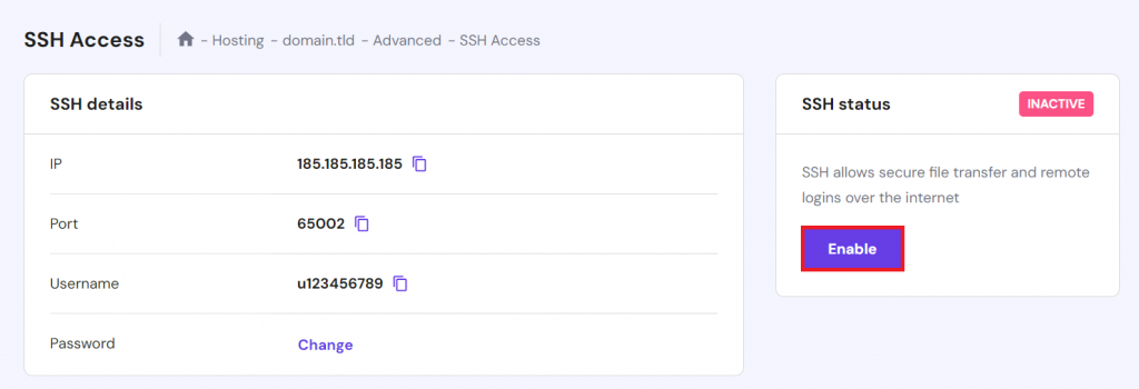 SSH Access menu displaying an option to enable the currently inactive SSH status