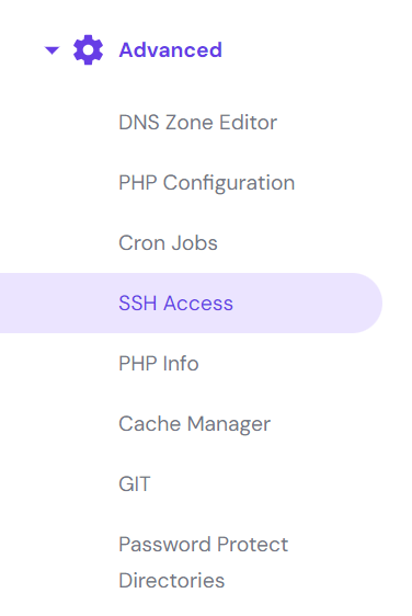 Selecting SSH Access in the hPanel's left sidebar under the Advanced section