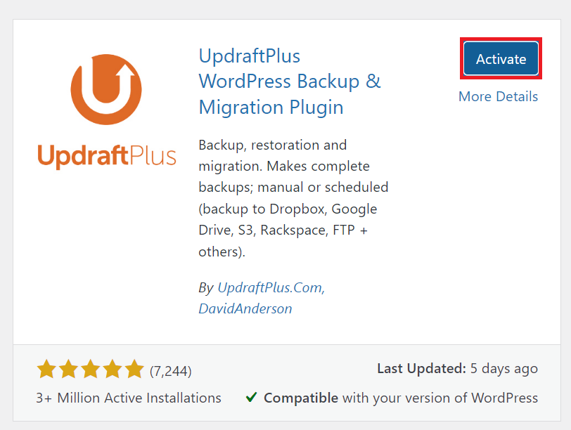 The Activate button in the UpdraftPlus section of Add plugins page