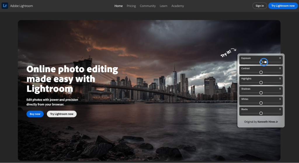 Adobe Lightroom landing page