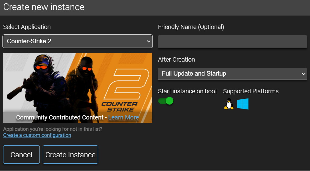 Creating a new Counter-Strike 2 instance on Game Panel