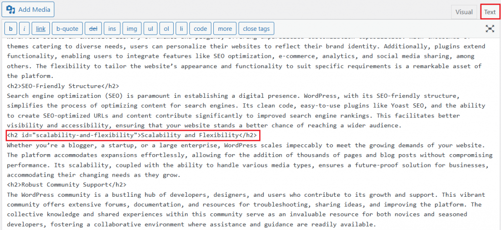Adding an HTML anchor ID to a heading in the WordPress classic editor's Text mode.