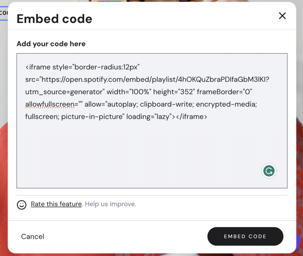 Embed code editor with a code snippet