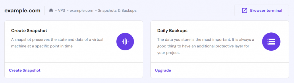 Accessing the Snapshots & Backups menu in the VPS dashboard of hPanel