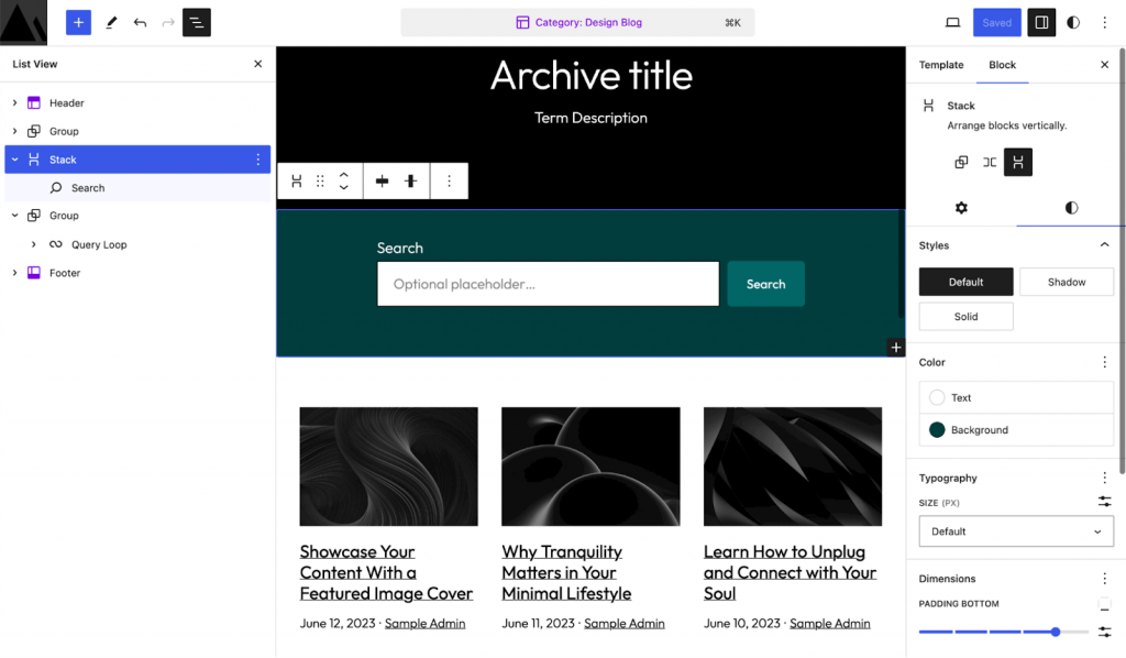 List View, with the Stack Block highlighted, and the design preview on the right
