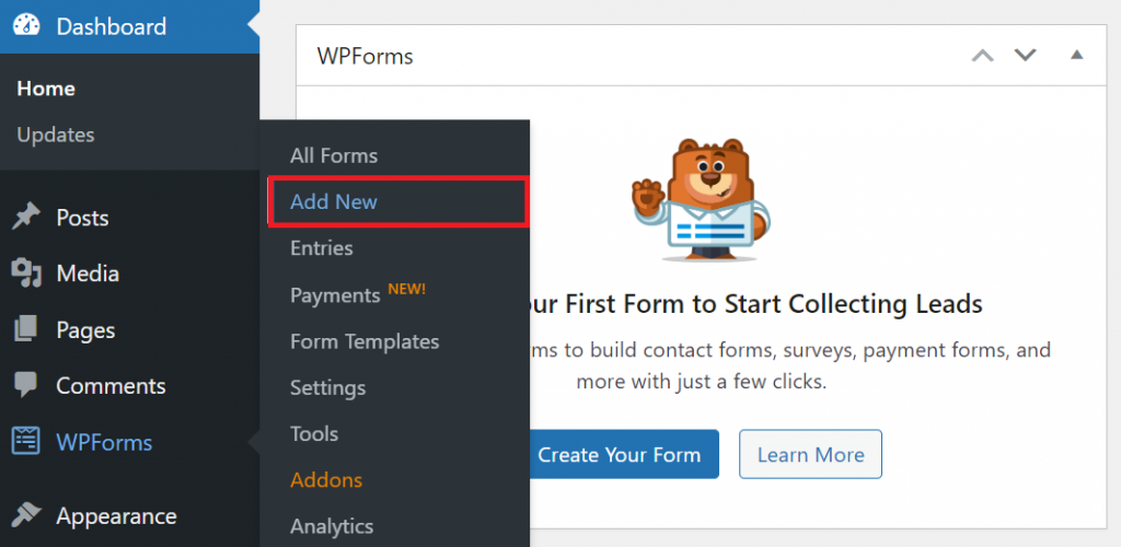 Accessing the WPForms' Add New menu in the WordPress dashboard