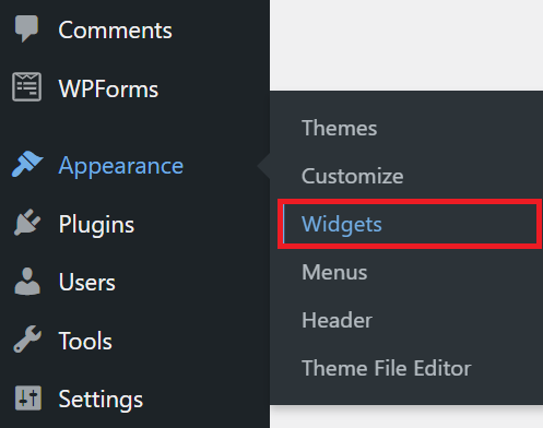 Accessing the Widgets menu in the WordPress dashboard