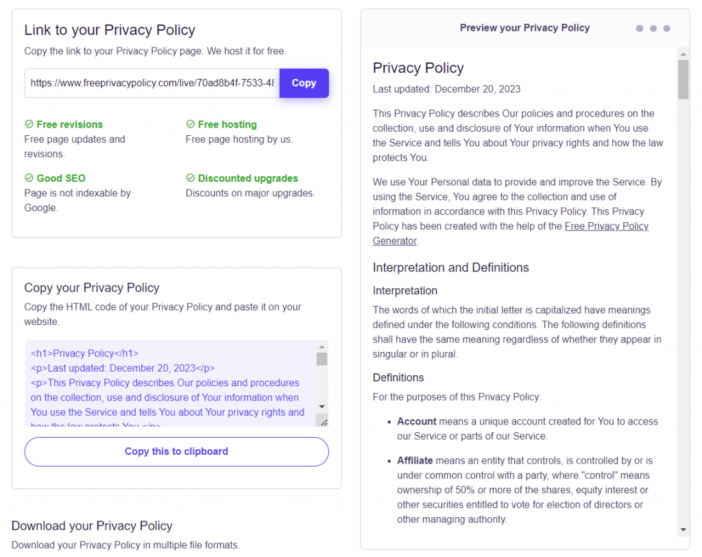 The privacy policy content result using FreePrivacyPolicy