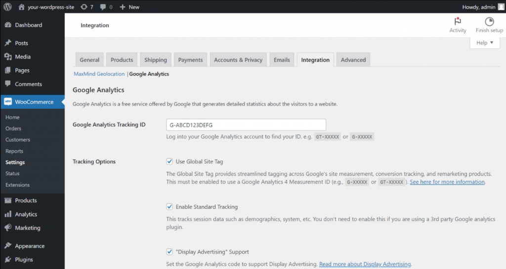 WooCommerce Google Analytics plugin integration settings page