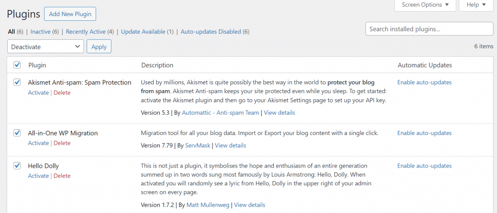 Deactivating all installed plugins on the WordPress dashboard